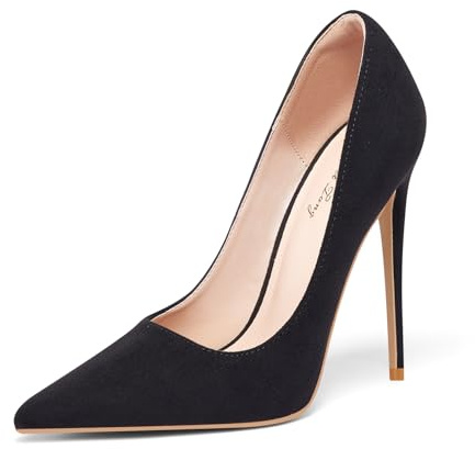 Zhabtuc Escarpins à Talons Hauts pour Femme, Bout Pointu en Daim Synthétique, Talon Aiguille de 12 cm, Idéal pour Soirées Élégantes et Occasions Festives, Daim Noir, 42 EU