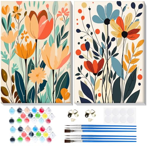 Lxmsja 2 Pack Flores Pintar por Numeros Adultos con Marco, DIY Cuadros para Colorear por Números Lienzos, Pintura Acrilica Manualidades Adulto Decoracion Hogar Pared 20x30cm