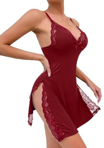 Foxiny Sexy Lingerie for Women Nightgowns Babydoll Dress Sets Burgundy L