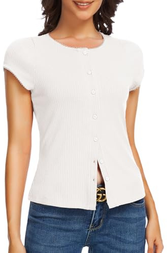ADORPOP Tee Shirt Femme Été - Blouse à Manches Courtes Boutonnée Col Rond Top Chic Blanc X_Large