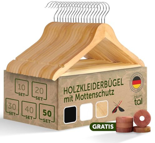 Blumtal Kleiderbügel Holz 50er Set - Holzbügel mit 360° drehbarem Metallhaken - Bügel aus robustem Holz mit Zedernholz Mottenschutz - Aufhänger mit Anti-Rutsch-Schicht & Einkerbungen - Hangers