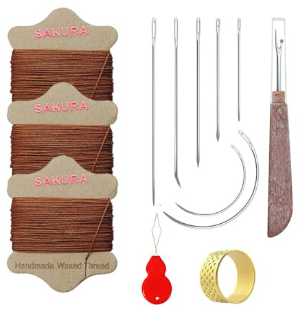 SAKURA Upholstery Repair Kit, 0.55mm ，Round Waxed Sewing Thread (3 Colors) & Heavy Duty Needles (7 PCS) for Leather, Canvas & Quilting Thread (3-Brown)