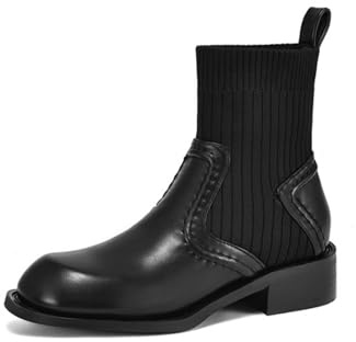 Genérico Botines Calcetín Tejido Mujer Punta Cuadrada Tacón Bajo Grueso Cuero Sintético Multicolor Cómodas Antideslizantes Resistentes Casual Diario Oficina,Negro,37 EU