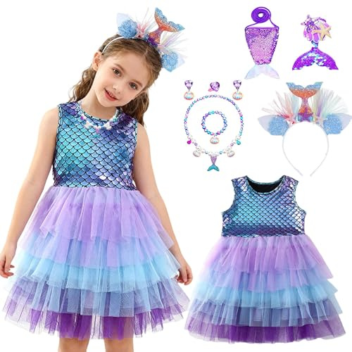 DAJASD Sjöjungfrudräkt flicka, 8 st sjöjungfruklänning flicka (klänning kedja hårspänne armband ring örhängen hårband axelväska), kostym barn för karneval fest halloween jul cosplay