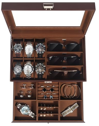 Boite a Bijoux Homme, Rangement Montres et Lunettes avec Grand Couvercle en Verre, 6 Emplacements et 2 Niveaux, Coffret Montre, Boîte à Montres avec Serrure, boite a montre homme, Idée Cadeau -Marron