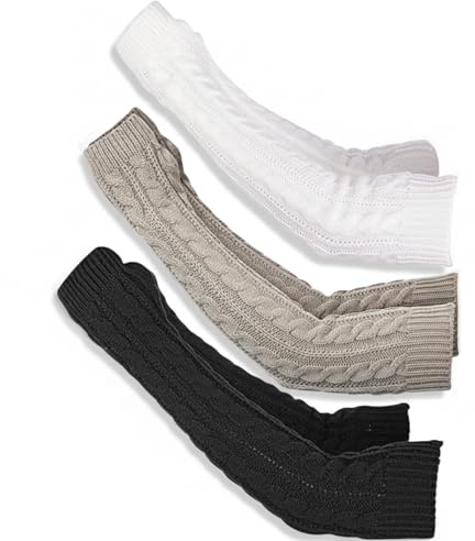 zmzdp 3 Pairs Arm Warmers for Women Men, Long Fingerless Gloves with Thumb Hole, Winter Cable Knit Y2K Arm Sleeves, Soft Stretchy Wrist Warmers, Thermal Arms Covers (Black, White, Grey)
