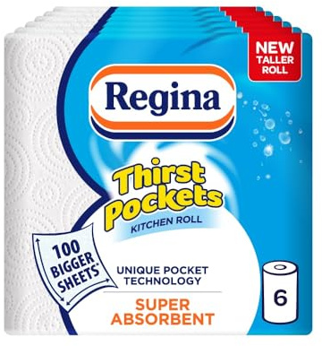 Regina Thirst Pockets, 6 Rolls of Kitchen Towel | 100 Super Absorbent Sheets per Roll, Unique Pocket Technology, Your Ideal Kitchen Companion, FSC certified product