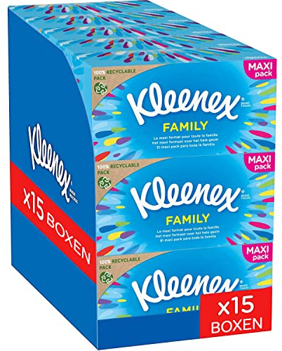 Kleenex Family Kosmetiktücher-Box, für den täglichen Gebrauch, 2-lagig, 15 Boxen je 128 Tücher