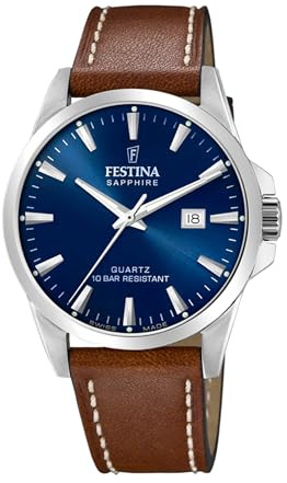 Festina Swiss Made Herrenuhr Analog Leder Braun - Quarz Datum - Saphirglas, Wasserdicht 10 ATM Elegant - F20025/3 Classic Leather