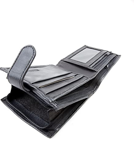 Woodland Leathers Mens Wallet, Genuine Leather RFID Blocking Credit Card Wallet with Zip Coin Pocket, Bank Note Compartment and Id Card Holder Pouch with Gift Box (Black)
