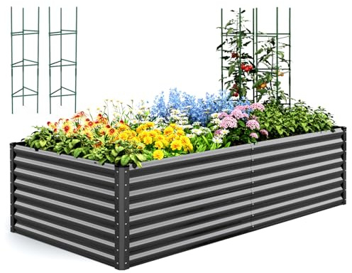 Quictent Galvanized Raised Garden Bed 8x4x2 Ft Tall Metal Planter Box for Vegetables Bottomless for Backyard, 2 Tomato Cages Included, 22.04 Deep, Dark Grey
