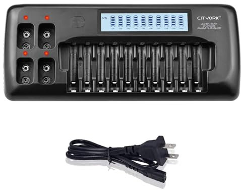 CITYORK 10+4 Bay AA AAA Battery Charger with LCD Display, 10 Bay for 1.2V AA AAA NiMH NiCd Batteries, 4 Bay for 9V Li-ion/Ni-MH/Ni-CD Rechargeable Batteries