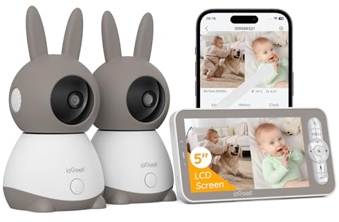 ieGeek Babyphone mit 2 Kamera [2K/3MP, 5 Zoll] WLAN Video Babyfon PTZ 355°, IR-Nachtsicht, Automatische Verfolgung, Weinen/Bewegungs/Geräuscherkennung, unterstützt Mobile App Steuerung