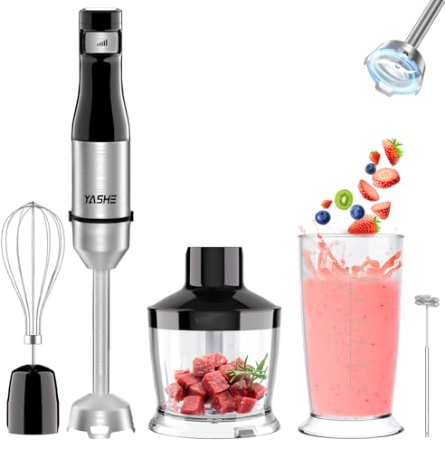 Yashe Mélangeur plongeant portatif 5 en 1 – Mélangeur en acier inoxydable avec vitesse variable en continu, hachoir, fouet et mousseur à lait pour viande, purée de pommes de terre et aliments pour