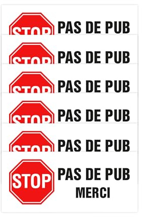 Finoly Stop Pub Pack 6 Unités | Pas de Pub Merci est Imperméable | Autocollant Stop Pub Boite aux Lettres 4x8 cm | Stickers Pas de Publicité Boite