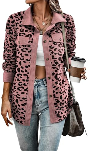 Agiyenna Veste en Velours Côtelé Imprimé Léopard pour Femme Automne Hiver Décontracté Col à Revers Manteau à Manches Longues Vintage Mode Cardigan Veste de Transition Simple Boutonnage Streetwear
