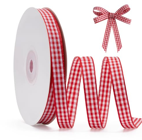 FAKILO Ruban Vichy rouge et blanc - 15 mm x 22 m - Ruban à carreaux rouges pour emballage cadeau, décoration de Noël, décoration de mariage, fête d'anniversaire et DIY