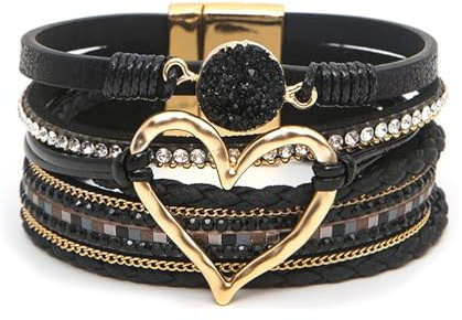 GZJINYUAN Leather Wrap Bracelet for Women, Boho Heart Cuff Bracelet with Strong Clasp, Multi-Layer Crystal Leather Bracelet(Black)