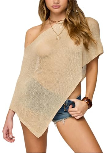 Acrawnni Ladies Sheer Poncho Irregular Knitted Crochet Lace Fish Net Batwing Wrap Summer Boho Beach Vacation Cover Up (A-light brown, ONE SIZE)