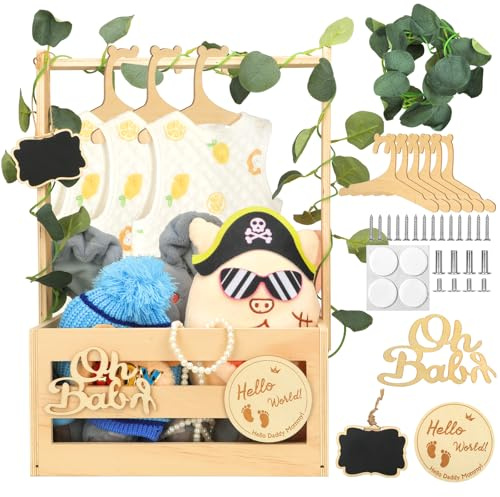 YOMKILU Cesta Regalo Bebe Shower, Caja Regalo de Madera Bebe con asa y 6 perchas de madera, Cesta para Bebes Recien Nacidos con Hojas Decorativas, Caja de Almacenamiento para Navidad, nuevos padres