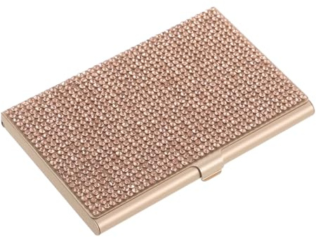 PRETYZOOM Tarjetero Metálico de Aleación de Aluminio Rosa Purpurina y Gemas de Imitación, Estuche Delgado Portátil para Tarjetas de Visita, Soporte de Escritorio para Oficina y Viajes