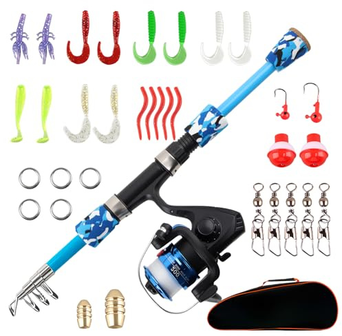 SilverChry Mini Canna da Pesca per Bambini, Canna da Pesca Blu Telescopica con Mulinello ed Esche, Borsa da Trasporto Mimetica, Acqua Dolce e Salata, Per Ragazzi, Ragazze e Adolescenti (Blu)