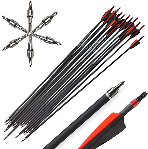 Milaem 12pcs 31 Flechas de Carbono 400 Espina Flechas de Caza con 100 Granos de Reemplazo Broadhead para Arco Compuesto y Arco Recurvo