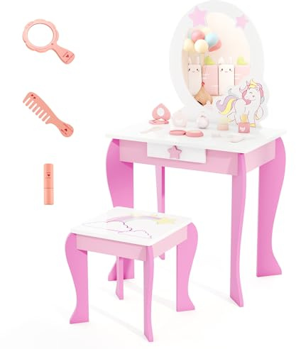 COSTWAY 2 en 1 Coiffeuse Enfant Fille avec Tabouret & Miroir Détachable, Table de Maquillage Princesse avec Motif Licorne & Tiroir, 3 Accessoires, Dispositif Anti-basculement pour Enfant de 3 Ans+