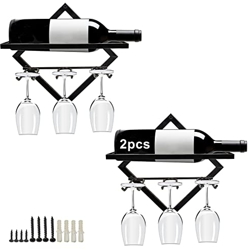 2Pcs Metal Wall Mounted Wine Holder Stemware Glass Rack, Collapsible Wall Hanging Red Wine Racks Organizer with 3 Stem Glass Holders, Wine Bottle Display Hanger for Home Kitchen Bar Decor (Black)