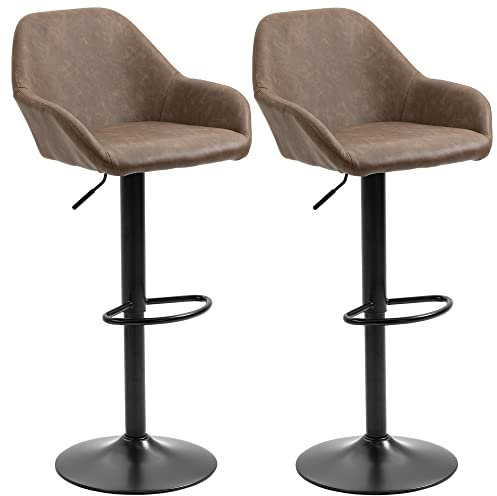 HOMCOM Adjustable Bar Stools Set of 2, Swivel Barstools with Footrest and Backrest, PU Leather and Steel Base, for Kitchen Counter and Dining Room, Dark Brown
