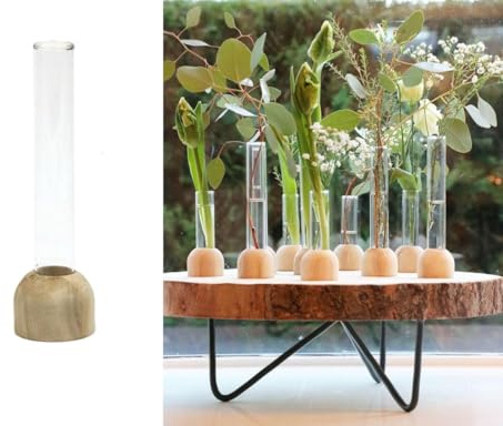 NaDeco Reagenzglas Vase aus Holz, Packung mit 2 Stück, in Zwei Größen wählbar | Reagenzgläser für Blumen | Hydroponische Vase | Dekovase | Glasvase mit Ständer | Glasvase Zylinder, Größe:h.15 Ø2cm