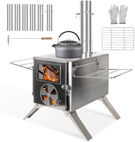 Mini Tent Stove Wood Burning Stove, SOPPY Portable Camping Tent Stove, Stainless Steel Tent Wood Stove with Chimney Pipes Portable Camping Cookware for Camping Heating Lodging Cooking, Silver