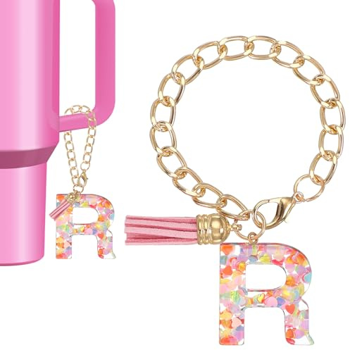 PATIKIL Bokstavsberlock för Stanley Cup, söt initial R berlock tillbehör för Stanley tumbler handtag nyckelring personlig charm för kvinnor, rosa