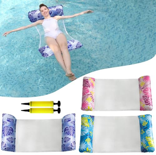3 Stück Wasserhängematte mit 2 Luftpumpe，130 X 70cm Aufblasbarer luftmatratze mit Netz，4 in 1 Pool luftmatratzen Matratze Erwachsene schwimmsessel Wasserliege Pool zubehör Spielzeug