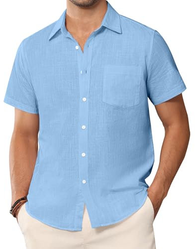 siliteelon Mens Short Sleeve Shirts Summer Linen Shirt Beach Regular Fit Casual Cotton Holiday Tops with Pocket Sky Blue XXL