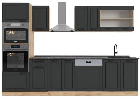 Vicco Küchenzeile R-Line, Anthrazit Landhaus/Goldkraft Eiche, 300 cm mit Hochschrank, AP Anthrazit