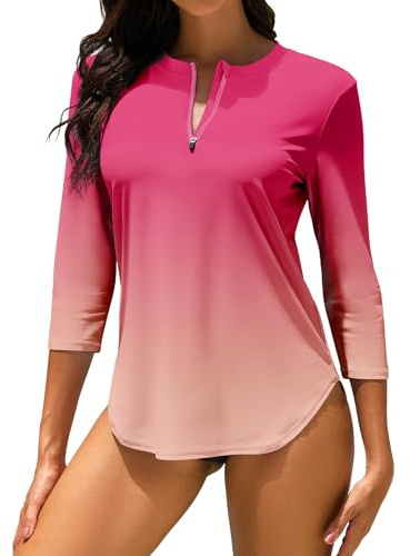 WOWENY Haut de Maillot de Bain Tee Shirt Anti UV Femme Rashguard Manches 3/4 avec Fermeture Éclair 1/4 UPF 50+ Séchage Rapide pour Sports Nautiques Surf Plage
