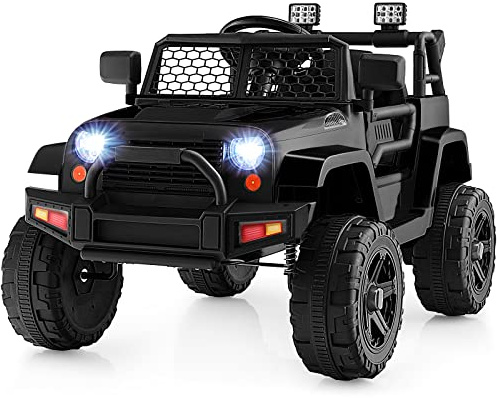 COSTWAY 12V Kids Ride on Car, Electric Off Road Truck with Remote Control, Headlights, Music, Horn, MP3, USB & Aux Port, Battery Powered Ride on Toy for 3+ Years Old Boys Girls (Black)