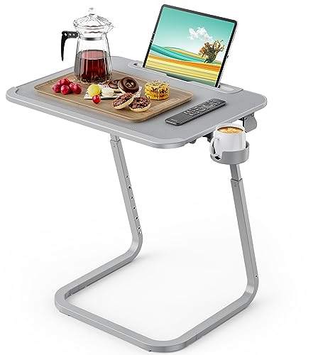 SAIJI Tisch Beistelltisch, Doppelnutzung betttablett Laptoptisch, Couchtisch, Stabilere Beistelltisch c Form, wohnzimmertisch, Höhen Winkel verstellbar, mit Tablet Schlitz, Getränkehalter, 55 * 39cm