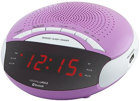 HANNLOMAX HX-139CR Alarm Clock Radio, PLL FM Radio with Preset Stations, Dual Alarm, 0.6” Red LED Display, USB Port for 1A Charging, Bluetooth, AC Power Operation only. (Pink)