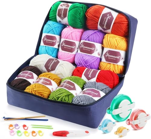 12 Farben Häkelgarn Bunt,50G Acryl Strickgarn,600G Weich Garn zum Häkeln und Stricken,Wolle zum Häkeln mit 2 Haken und 4 Größen Pompon Werkzeug,Handstrickgarn Baumwollgarn für Häkeln & Kunsthandwerk