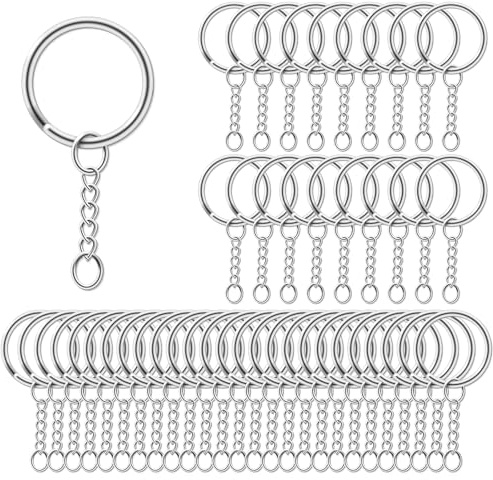 AiQInu 100 Pièces 25mm Anneaux Porte Clé avec Chaîne, Porte Clé avec Split Porte Clef, Porte Clef pour Bricolage, Loisirs - Argent