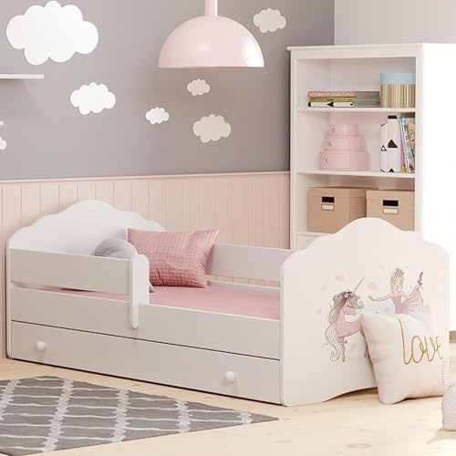 Letto per bambini 80x160 cm con materasso e cassetto rete a doghe e protezione anticaduta Lettino per bambini Letto per ragazzi singolo completo in bianco con motivo di cavalli | da 3 a 10 anni