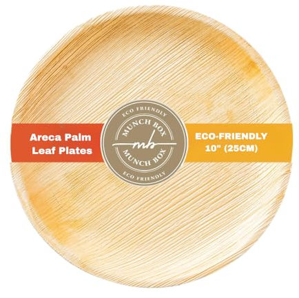 MUNCH BOX Disposable Plates, 10 Round Areca Palm Leaf Plates Eco-Friendly – Biodegradable, Compostable, Microwave Like Wooden, Bamboo Bowls for Party, Hot Food, Soups, and Events (50 Pack)