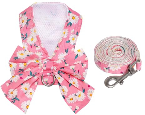YKYUASD Dog Harness and Leash Set Adjustable Puppy Harness Mesh Vest Set Bow Knot Pet Clothes for Small Girl Dog Cat Summer (Pink, Small)