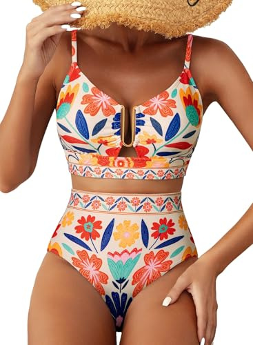 Herseas Women's 2 Piece High Waisted U Wire Cutout Bikini Sets Floral Print Swimsuits Crisscross Back Padded Push Up Bathing Suit Modest 2026 Summer Beach Cruise Essentials Orange Floral Medium