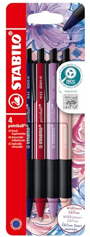 STABILO - Stylo bille - pointball Wildflower - 4 stylos à bille rechargeables - Etui carton - Encre bleu