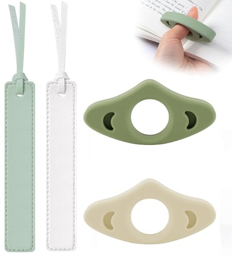 Lot de 4 Marque Page, 2 Bagues de Lecture en Silicone Respirant & 2 Marque-Pages en Cuir, Accessoire de Lecture à Une Main pour Livres, Cadeau pour Amoureux des Livres