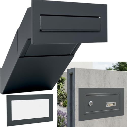 Buzón de pared color antracita gris RAL 7016 con marco, buzón empotrable XXL, grosor de pared 260 – 420 mm, resistente a la intemperie, placa frontal 305 × 135 mm, chapa de acero con recubrimiento de