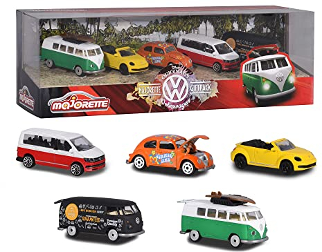 Majorette 212057615 Volkswagen Originals 5er-Geschenkset, Spielzeugautos mit Freilauf aus Metall, zu öffnende Teile, 7,5 cm